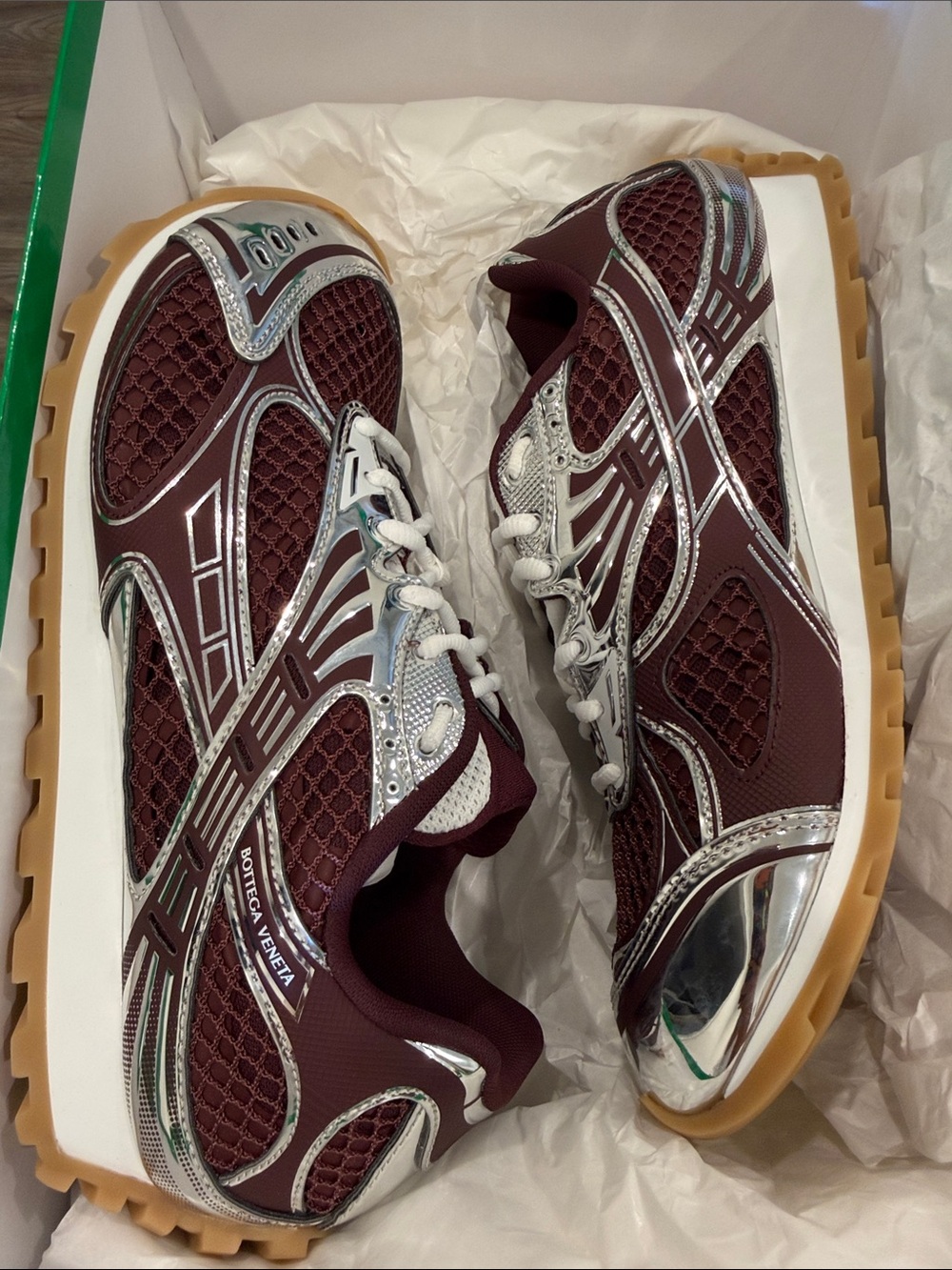 Bottega Veneta Burgundy and Silver Mesh Runner Sneakers Authentic